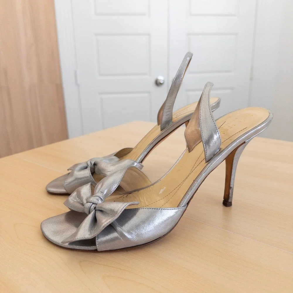 Kate Spade Women Leather Metallic Bow Heels 10 Silver Slingback Stiletto Party